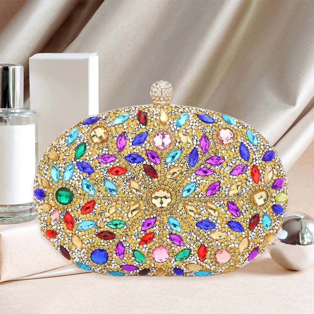 Multi Color Evening Clutch in Golden Trim with Rhinestone Beads