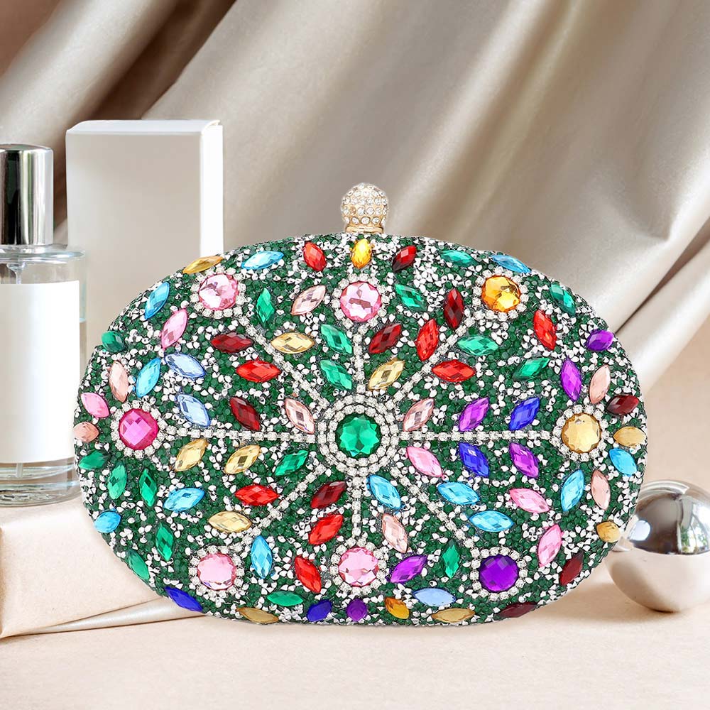 Multi Color Evening Clutch in Golden Trim with Rhinestone Beads