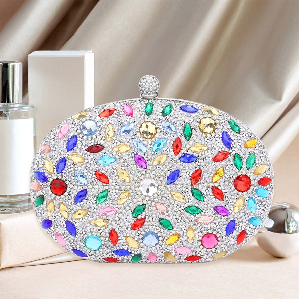 Multi Color Evening Clutch in Golden Trim with Rhinestone Beads