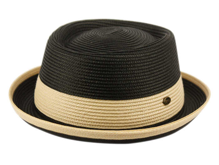 Two Tone Pork Pie Summer Men's Poly Braid Beach Dressy Small Brim Hat with an Adjustable Drawstring 2809