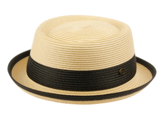 Two Tone Pork Pie Summer Men's Poly Braid Beach Dressy Small Brim Hat with an Adjustable Drawstring 2809