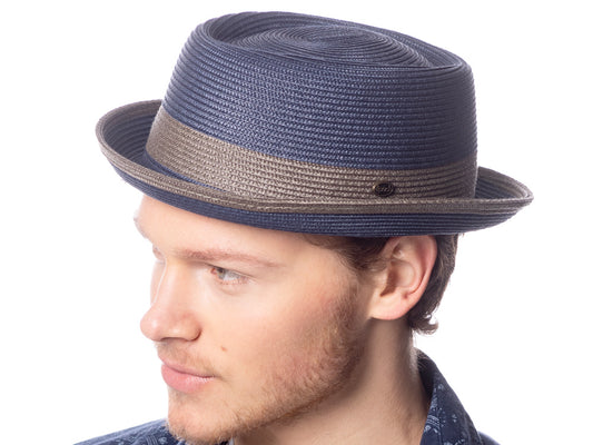 Two Tone Pork Pie Summer Men's Poly Braid Beach Dressy Small Brim Hat with an Adjustable Drawstring 2809