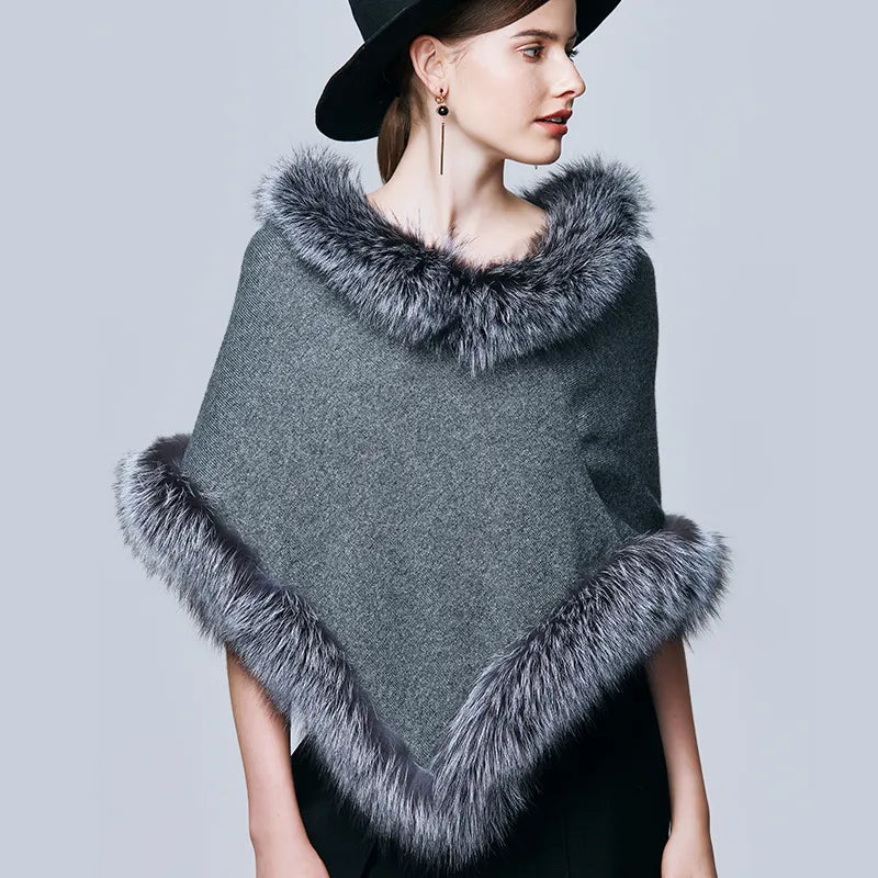 Women's Winter Wool Knitted Shawl Capes With Real Fox Fur Trim Poncho