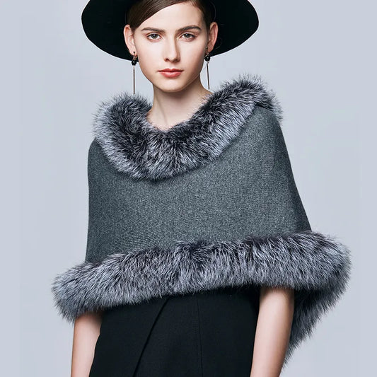 Women's Winter Wool Knitted Shawl Capes With Real Fox Fur Trim Poncho