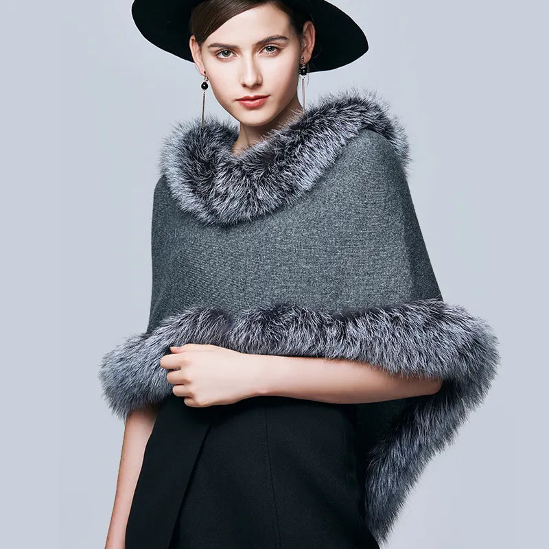 Women's Winter Wool Knitted Shawl Capes With Real Fox Fur Trim Poncho