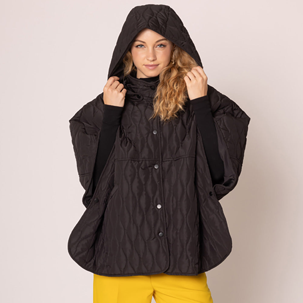 Women's Quilted Wave Pattern Padded Cape with Detachable Hoodie