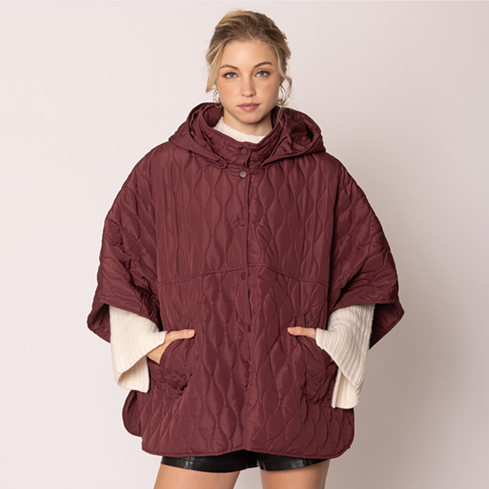 Women's Quilted Wave Pattern Padded Cape with Detachable Hoodie