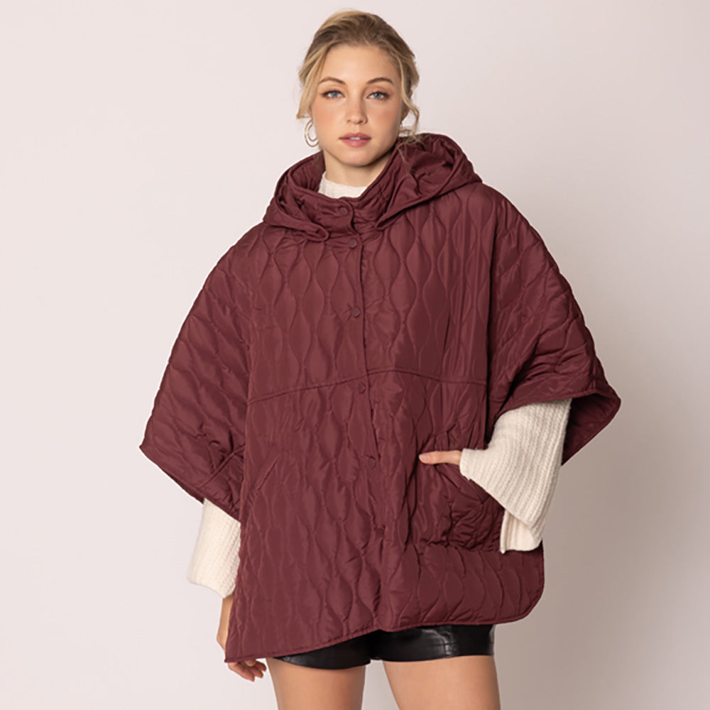 Women's Quilted Wave Pattern Padded Cape with Detachable Hoodie