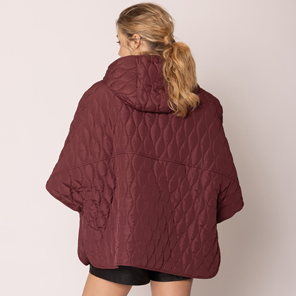 Women's Quilted Wave Pattern Padded Cape with Detachable Hoodie