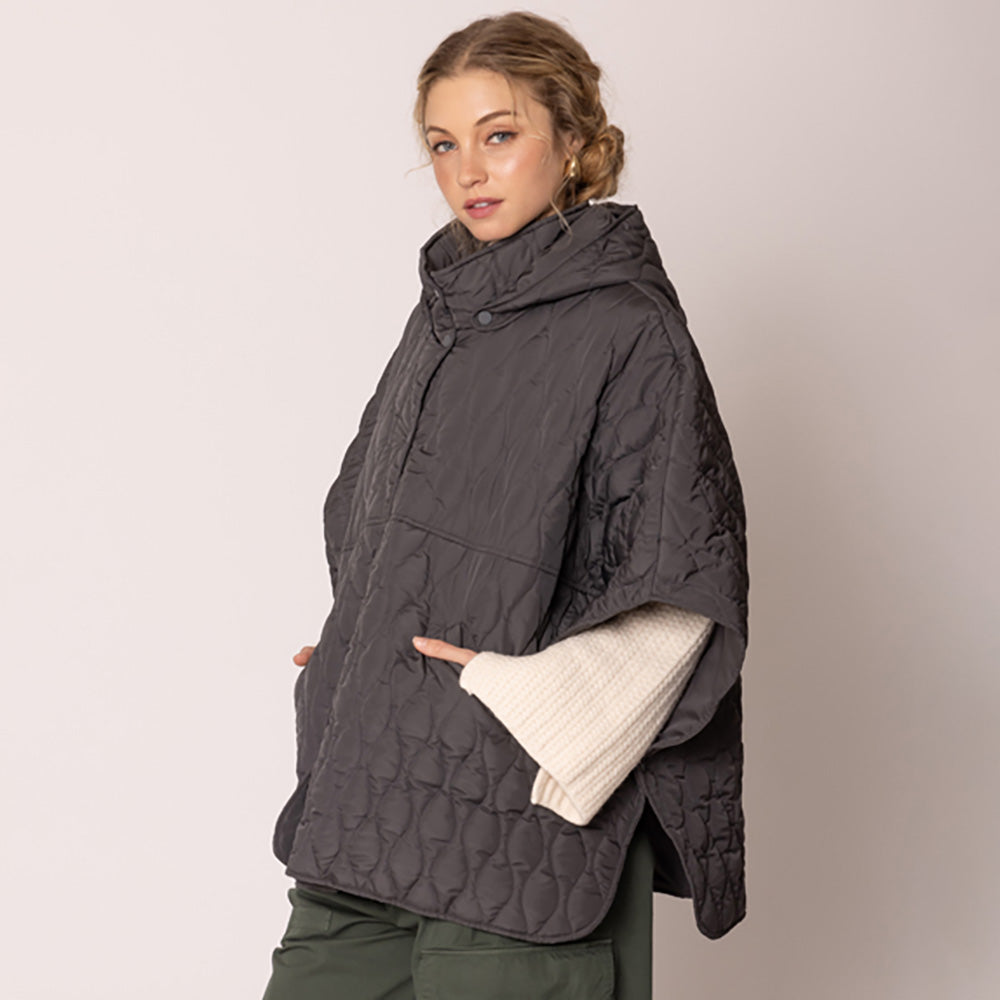 Women's Quilted Wave Pattern Padded Cape with Detachable Hoodie