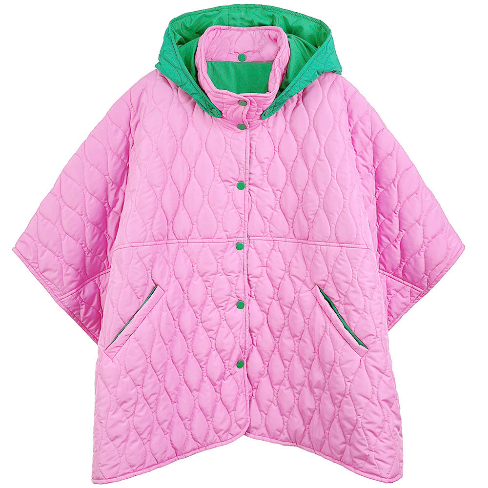 Women's Quilted Wave Pattern Padded Cape with Detachable Hoodie