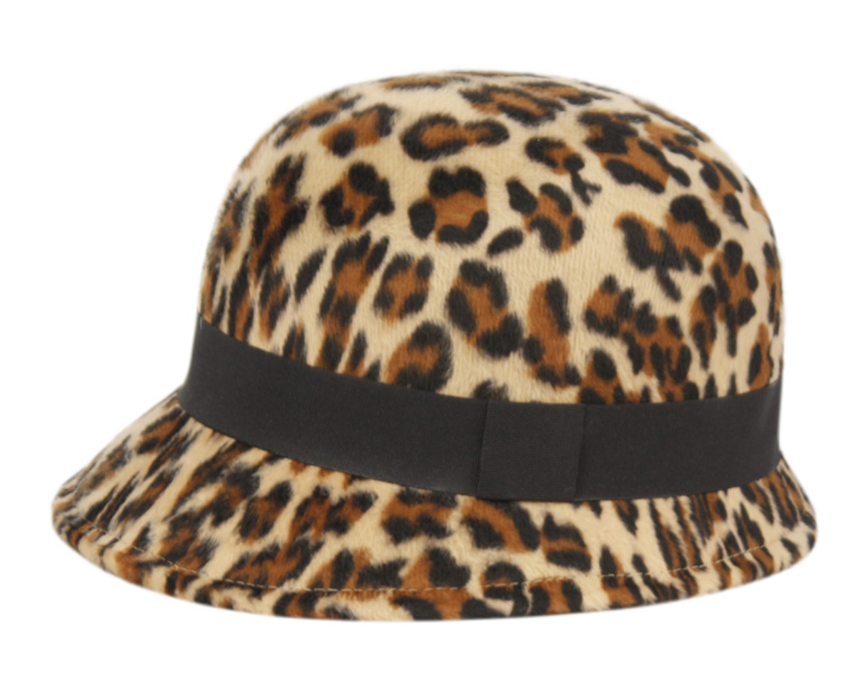 Ladies Leopard Poly Felt Cloche Hats W/Grosgrain Band 5030